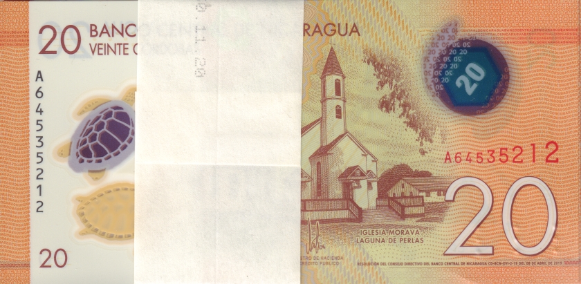 Nicaragua P210b 20 Cordobas Bundle 100 pcs 2019 UNC