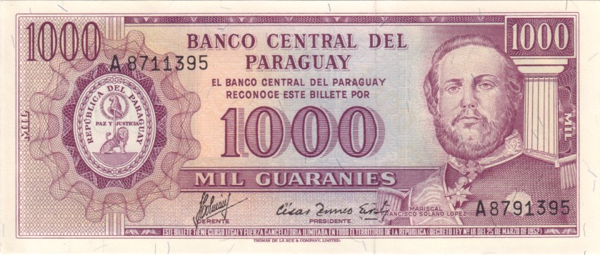 Paraguay P201b(2) Number error 1.000 Paraguayan Guaranies 1963 UNC