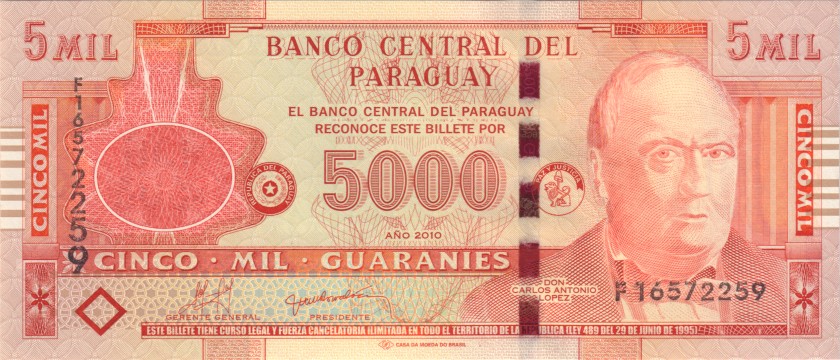 Paraguay P223c 5.000 Paraguayan Guaraníes 2010 UNC