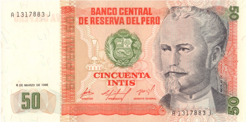Peru P131a 50 Intis 1986 UNC