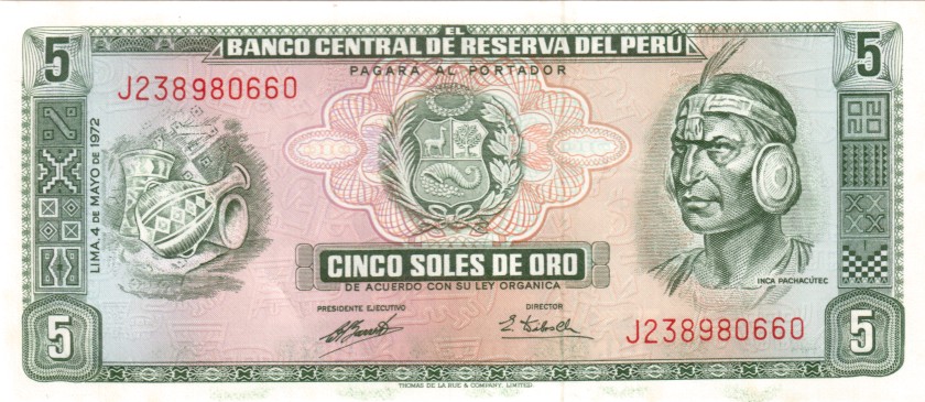 Peru P99b 5 Soles de Oro 1972 UNC