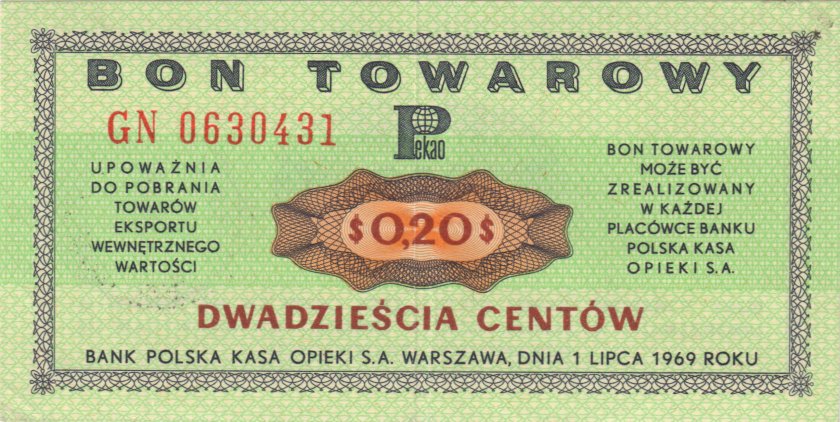 Poland P-FX25b 20 Centow (0,2 US$) 1969 VF+