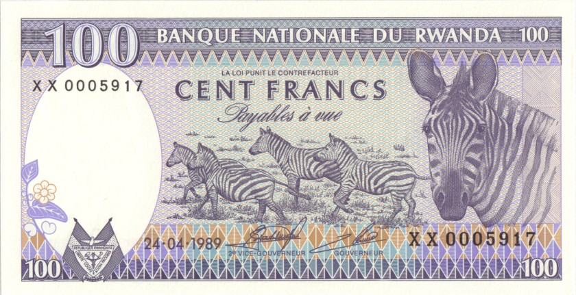 Rwanda P19r REPLACEMENT 100 Francs / Amafaranga 1989 UNC