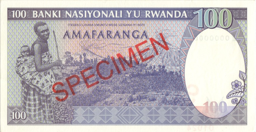 Rwanda P19 SPECIMEN 100 Francs / Amafaranga 1989 UNC-