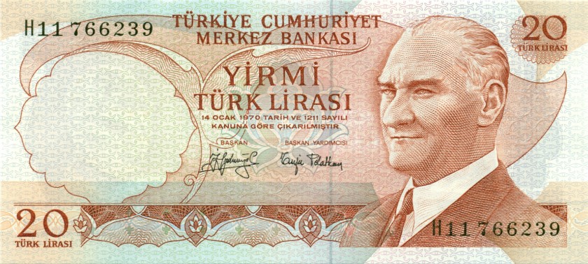 Turkey P187a(2) 20 Turkish Lira 1970 UNC