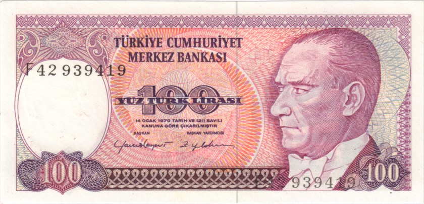 Turkey P194b 100 Turkish Lira 1970 UNC