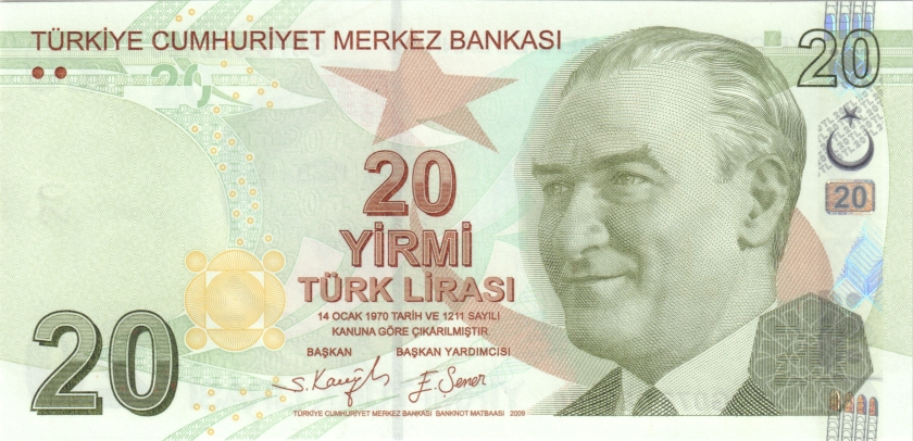 Turkey P224f 20 Turkish Lira 2009 (2022) UNC