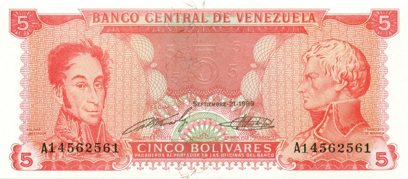 Venezuela P70b 5 Bolívares 1989 UNC