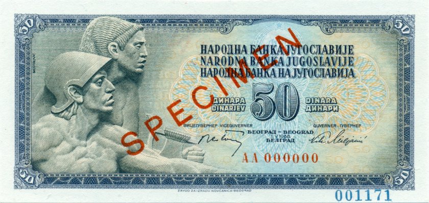 Yugoslavia P83as SPECIMEN 50 Dinara 1968 UNC