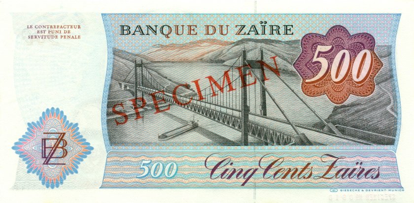 Zaire P30as SPECIMEN 500 Zaïres 1984 UNC