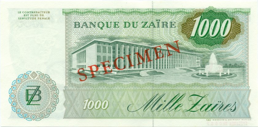 Zaire P31s SPECIMEN 1.000 Zaïres 1985 UNC