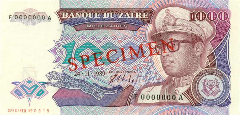 Zaire P35s SPECIMEN 1.000 Zaïres 1989 UNC