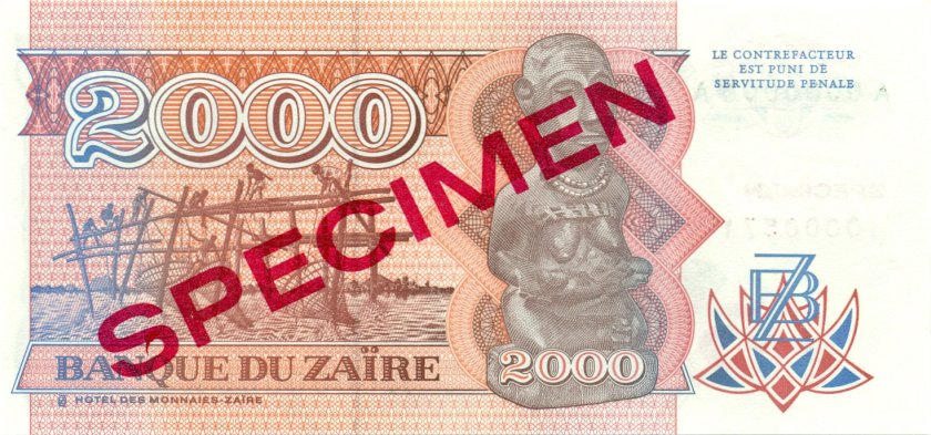 Zaire P36s SPECIMEN 2.000 Zaïres 1991 UNC