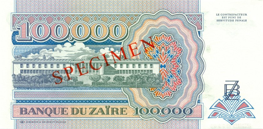 Zaire P41s SPECIMEN 100.000 Zaïres 1992 UNC