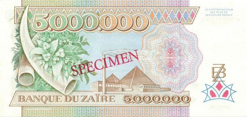 Zaire P46s SPECIMEN 5.000.000 Zaïres 1992 UNC