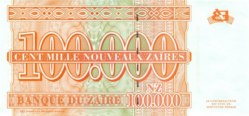 Zaire P76 100.000 New Zaïres 1996 UNC