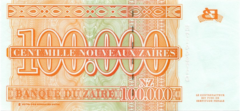 Zaire P77 100.000 New Zaïres 1996 UNC