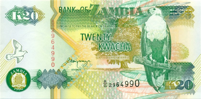 Zambia P36b 20 Kwacha 1992 UNC