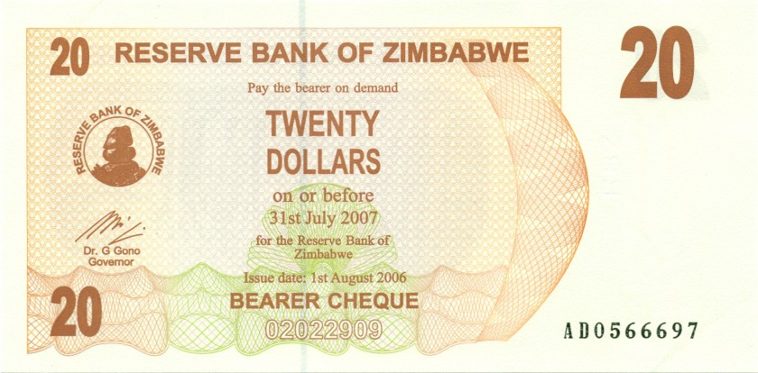 Zimbabwe P40 20 Dollars 2006 UNC
