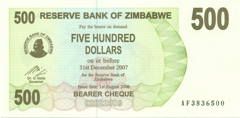 Zimbabwe P43 500 Dollars 2006 UNC