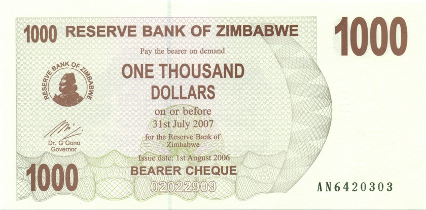 Zimbabwe P44 1.000 Dollars 2006 UNC