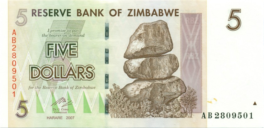 Zimbabwe P66 5 Dollars 2007 UNC