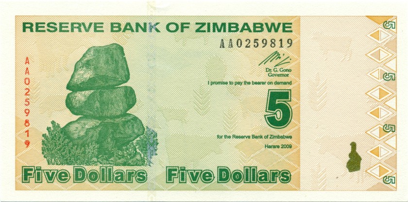 Zimbabwe P93 5 Dollars 2009 UNC