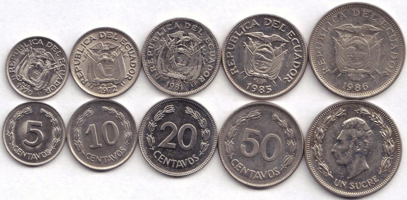 Ecuador 1970 - 1986 5, 10, 20, 50 Centavos 1 Sucre 5 coins AU-UNC
