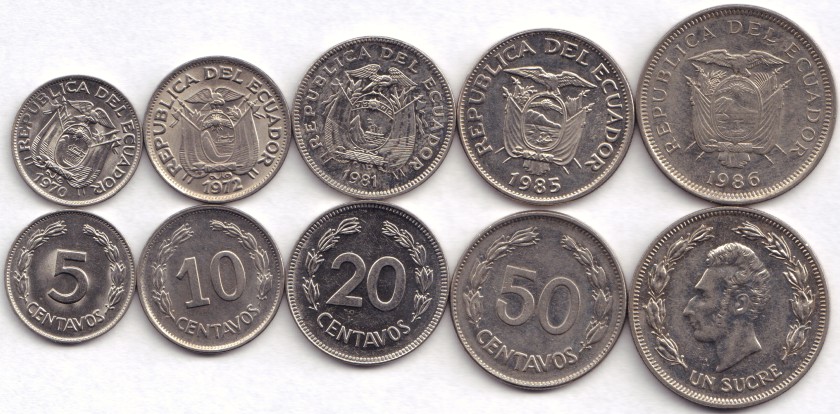 Ecuador 1970 - 1986 5, 10, 20, 50 Centavos 1 Sucre 5 coins AU-UNC