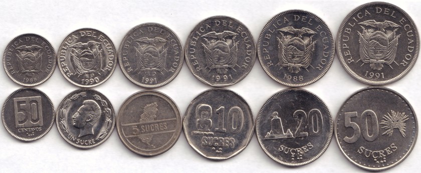 Ecuador 1988 - 1991 50 Centavos, 1, 5, 10, 20, 50 Sucres 6 coins AU-UNC