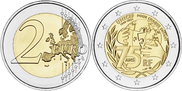 France 2021 2 Euro 75th anniversary of Unicef UNC