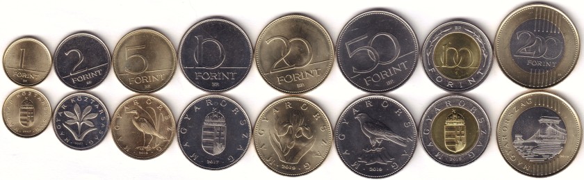 Hungary 2007 - 2019 1, 2, 5, 10, 20, 50, 100, 200 Forint 8 coins UNC