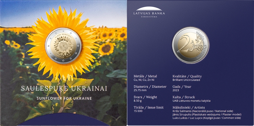 Latvia 2023 2 Euro Sunflower for Ukraine Coin Card BU