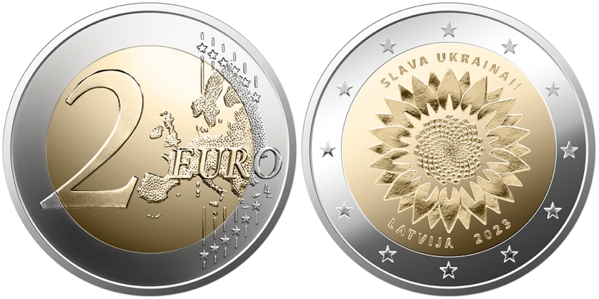 Latvia 2023 2 Euro Sunflower for Ukraine Coin Card BU