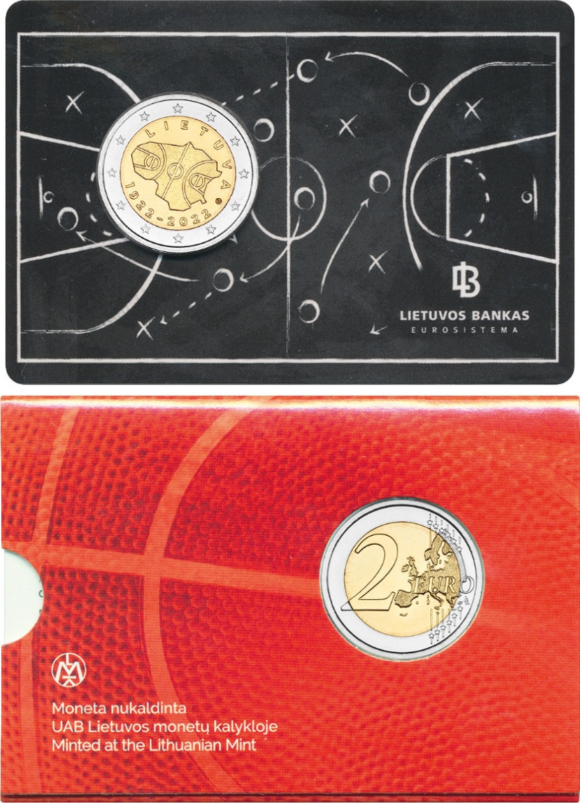 Lithuania 2022 2 Euro 100 years of Basketball in Lithuania Coin Card BU
