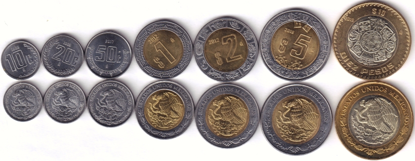 Mexico 2009-2018 10, 20, 50 Centavos 1, 2, 5,10 Pesos 7 coins UNC