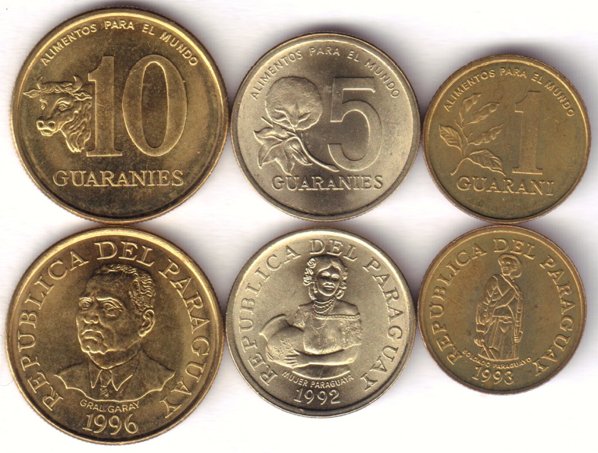 Paraguay 1992 - 1996 KM# 192, 166a, 178a 1, 5, 10 Guaranies 3 coins FAO UNC