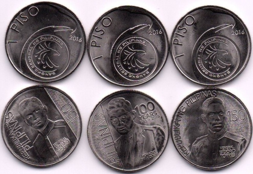 Philippines 2016 1 Piso 3 coins UNC