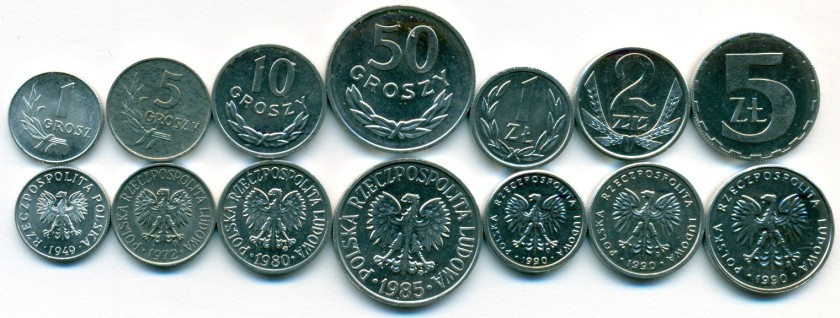 Poland 1949-1990 7 coins UNC