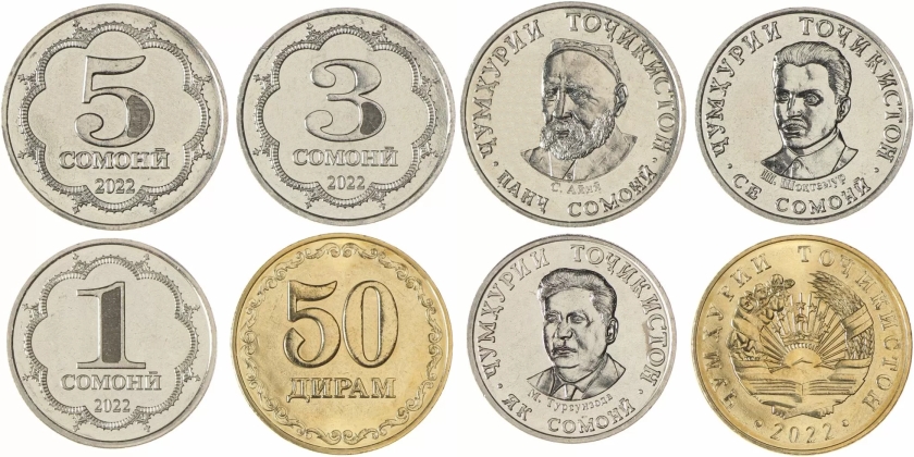 Tajikistan 2022 50 Dirams 1, 3, 5, Somoni 4 coins UNC