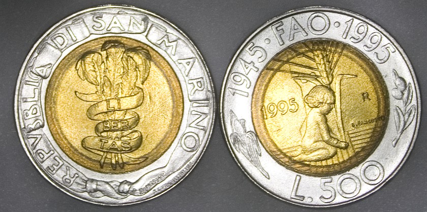 San Marino 1995 KM# 330 500 Lire bimetal FAO UNC