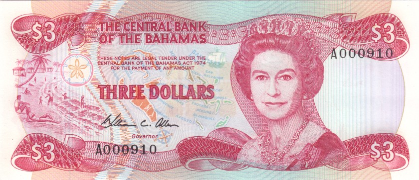 Bahamas P44 0009xx 3 Dollars 1984 UNC